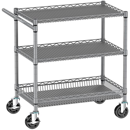 Folews Heavy Duty Rolling Cart with Wheels, 990LBS Metal Utility Cart | 3-Tier NSF Rolling Storage Organizer, Adjustable Shelves & Basket, Lockable Casters, Commercial Storage Trolley, Gray - style: Gray