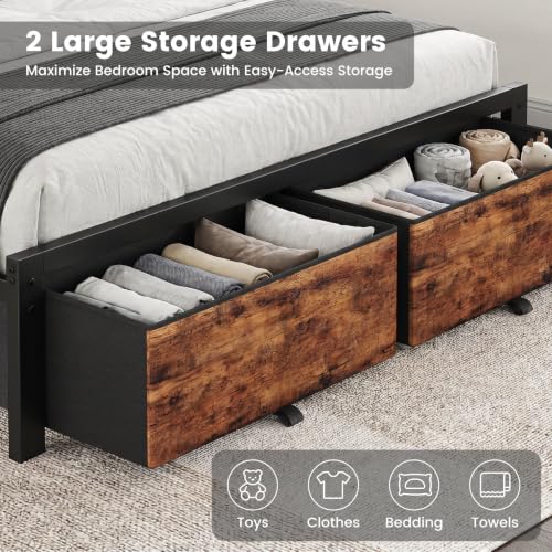 Queen Size Bed Frame with Upholstered Headboard and 2 Storage Drawers | Metal Platform Bed, LED Lights, USB Charging Station, Noise Free, No Box Spring Needed, Easy Assembly - size: Queen