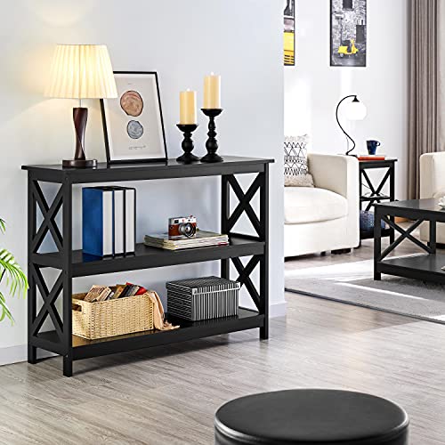 Yaheetech 42" L Black Console Table 3-Tier Narrow X-Design Storage Shelves | Sofa Table for Entryway, Hallway and Living Room, Slim 14" Depth, Powder-Coated MDF, 88 lb Top and 44 lb Shelf Capacity - color: Black
