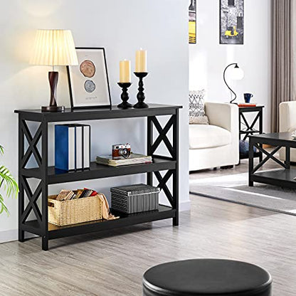 Yaheetech 42" L Black Console Table 3-Tier Narrow X-Design Storage Shelves | Sofa Table for Entryway, Hallway and Living Room, Slim 14" Depth, Powder-Coated MDF, 88 lb Top and 44 lb Shelf Capacity - color: Black