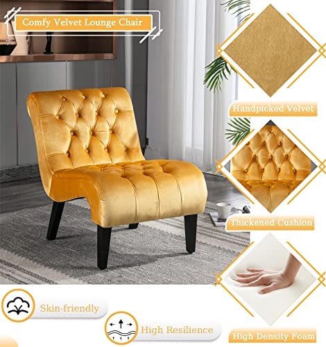 Comfy Velvet Accent Chair, Tufted Armless Side Chair with Rolled Edge | Modern Small Lounger for Living Room, Upholstered Reading Chaise Lounge with Solid Rubber Wood Legs, Yellow - color: Yellow, size: Set of 1