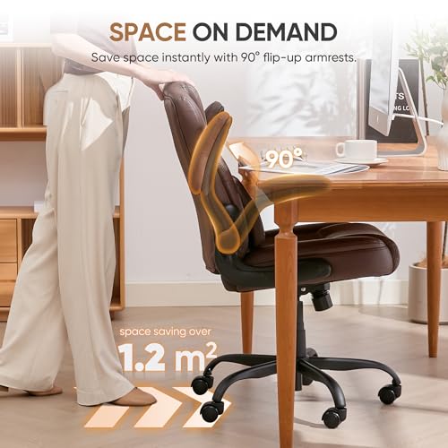 Home Office Chair with Lumbar Support, 5" Thickened Seat, Small PU Leather Rocking Desk Chair, Comfy Computer Chairs with Rolling Wheels & Adjustable Armrests for Adults, Brown - color: Brown