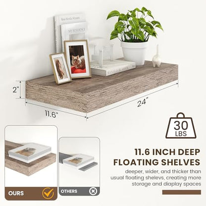 Deep Floating Shelves, 24'' x 12'' Grey Shelves for Wall Set of 1 | Invisible Brackets, Engineered Wood, Mounting Hardware Included, 40LBS, Bathroom, Laundry Room, Kitchen, Living Room - color: Grey, size: 24W x 11.6D x 2H, 1 Pack