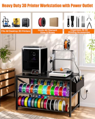 AHOWPD 3D Printer Stand with Filament Storage, Heavy Duty 3D Printer Table | Sturdy 3-tier Metal Workstation for 3D Printers, Vibration Dampening Desk for FDM Resin, Black