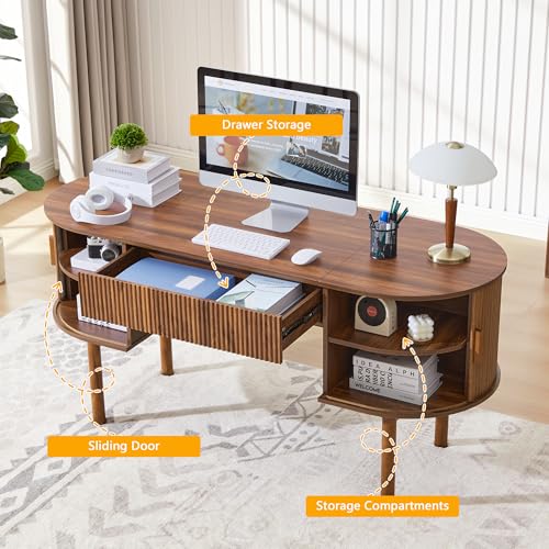 Home Office Oval Desk with Sliding Tambour Door and Drawer, Modern Fluted Wood Executive Computer Storage Desk for Study, Living Room, Bedroom, Office - Walnut - color: Walnut