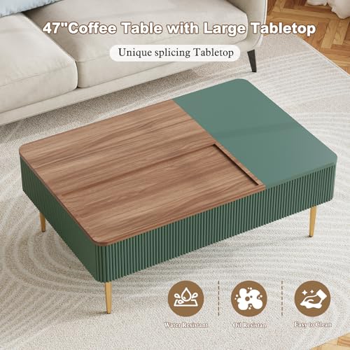 HLR 47" Dual Lift Top Coffee Table with Storage, Modern Wood Fluted Coffee Table with Hidden Compartment,Lift Tabletop Dining Center Table for Living Room, Office (Green)