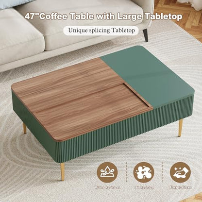 HLR 47" Dual Lift Top Coffee Table with Storage, Modern Wood Fluted Coffee Table with Hidden Compartment,Lift Tabletop Dining Center Table for Living Room, Office (Green)