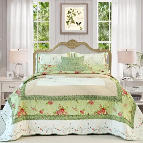 EVENHUG 100% Cotton Quilt Set King Size Floral Patchwork Bedding Sets with Pillow Shams Breathable Lightweight Bedspreads Coverlet for All Season 3 Piece (106"x96") - color: Green, size: King