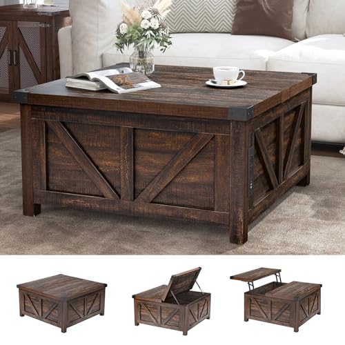 jimeimen Farmhouse Lift Top Coffee Table with Storage, Wood Square Center Table with Charging Station&USB Port, Living Room Table w/Large Hidden Space, for Living Room, Bedroom, Home Office, Brown - color: Brown