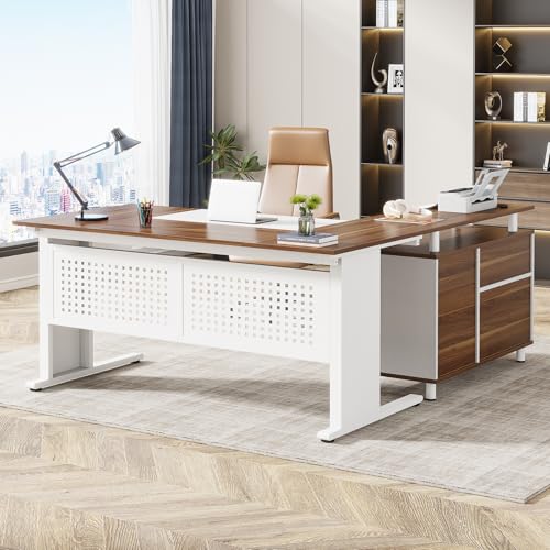 Tribesigns 63 Inch Executive Desk with File Cabinet, L Shaped Office Desk with Drawers and Storage Shelves, Business Furniture Set Workstation for Home Office, White and Walnut - color: White and Brown
