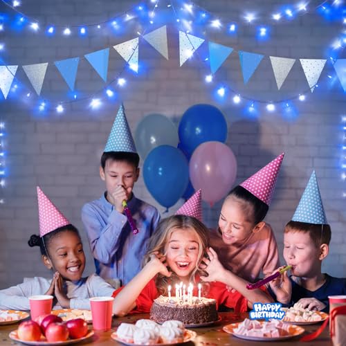 JMEXSUSS 2 Pack Blue and White Battery String Lights, Each 33ft 100 LED | Battery Powered Christmas Lights with Remote for Outside Party Birthday - color: Blue&White, size: 2*100LED