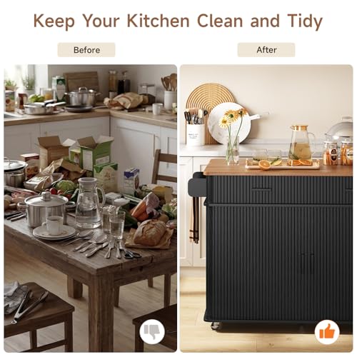 56" Kitchen Island on Wheels with Drop Leaf Countertop, Large Mobile Island Table with 2 Drawers and Spice Rack and Tower Rack, Mid-Century Modern Island Cart with Storage for Kitchen, Black - color: Black
