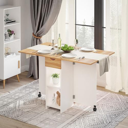 Mondeer Folding Dining Table, Drop Leaf Kitchen Table with 1 Drawer and 2 Open Storage Shelves Small Space Dining Room Kitchen Modern (White & Red Oak) | Storage Drawer and Open Shelves, Rolling Casters, for Small Space Kitchen Flat Dining Room, Red Oak a