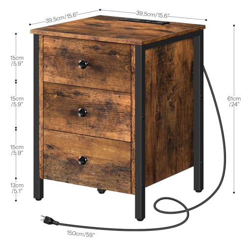 HOOBRO Nightstand with Charging Station, Side Table with 3 Drawers and Storage Shelf, End Table with USB Port, Retro Industrial Style Bedside Table, for Living Room, Bedroom, Rustic Brown BF461BZ01G2