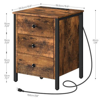 HOOBRO Nightstand with Charging Station, Side Table with 3 Drawers and Storage Shelf, End Table with USB Port, Retro Industrial Style Bedside Table, for Living Room, Bedroom, Rustic Brown BF461BZ01G2