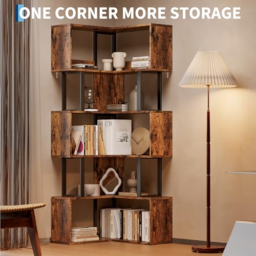 Garvee Corner Bookshelf, 62.6" Tall Metal Wooden Bookcase, Modern Freestanding Corner Shelf with Baffle, 5-Tier L-Shaped Display Rack Storage Organizer for Home Office, Living Room | Modern Freestanding Corner Shelf with Baffle, 5-Tier L-Shaped Display Ra
