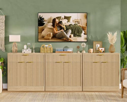 63" Fluted Buffet Sideboard Cabinet with Storage, Buffet Table Coffee Bar Wine Bar Storage Cabinet with Adjustable Shelf for Living Room, Kitchen, Natural - color: Natural- Drawer