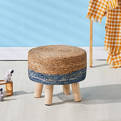 Cpintltr Foot Stool Natural Seagrass Hand Weave Poufs Round Ottoman for Couch Desk Soft Step Stool Padded Foot Rest with Non-Skid Pine Legs for Hallway Office Lounge Natural/Blue - color: Blue