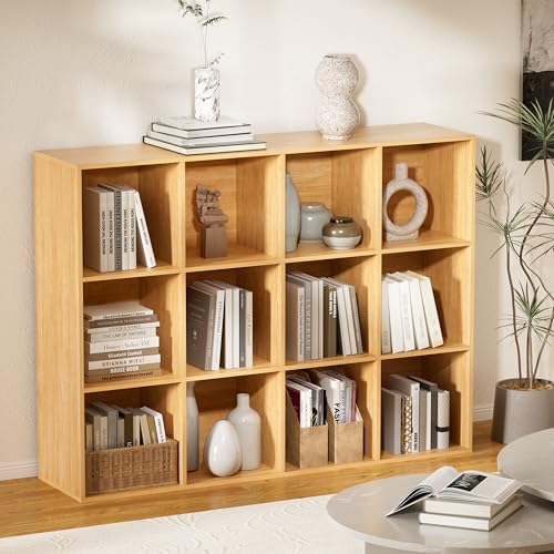 12 Cube Storage Organizer, 11 in Oak Cube Shelf, Wood Cubby Storage Organizer with Back Panel & Open Compartments, Vertical or Horizontal Cube Bookshelf Bookcase for Living Room, Bedroom, Entryway - color: Oak, size: 12 Cube-11in