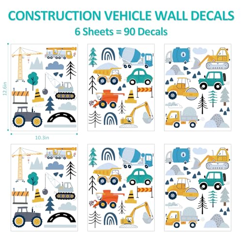 AOWDIAO Construction Vehicle Wall Decals – 90Pcs Reusable Peel and Stick Vinyl Stickers for Kids’ Room, Nursery & Playroom – Removable Truck Decoration for Boys & Toddlers - style: Construction Vehicle