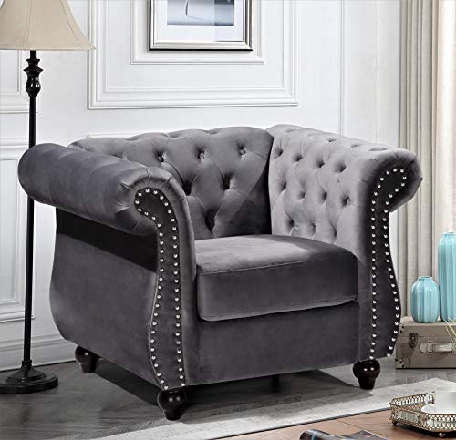 GDFStudio 82.6" Velvet Sofa Set, Modern Living Room Couch Set, Upholstered Sofa Loveseat Chair Set, Chesterfield with Button Tufted Back Rolled Arms Wood Tapered Feet for Apartment Living Room, Gray - color: Grey, size: 3+2+1 Seat