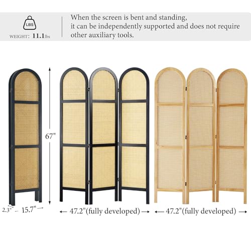 Svimi Room Divider and Folding Privacy Screens, Pine Wood 5.6 Ft Double Hinged Rattan Partition Freestanding Wall Room Divider for Home - 3 Panels - color: Black/Natural