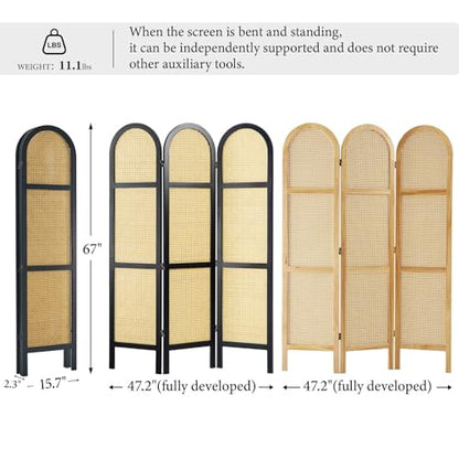 Svimi Room Divider and Folding Privacy Screens, Pine Wood 5.6 Ft Double Hinged Rattan Partition Freestanding Wall Room Divider for Home - 3 Panels - color: Black/Natural