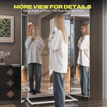 Hasipu 71"×71" Large Tri-Fold Full Length Mirror on Wheels | Tempered glass & metal frame, 4 lockable casters, detachable stand, ideal for gym, dance studio, fitness room & home. - size: 70"L x 70"W