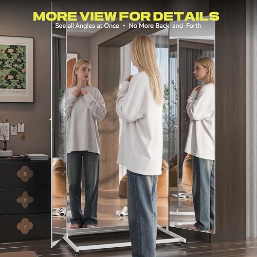 Hasipu 79"×79" Large Tri-Fold Full Length Rolling Mirror | Tempered Glass Movable Home Gym Mirror on Wheels with Stand for Gym, Dance Studio, Fitness Room, and Home - size: 78"L x 78"W