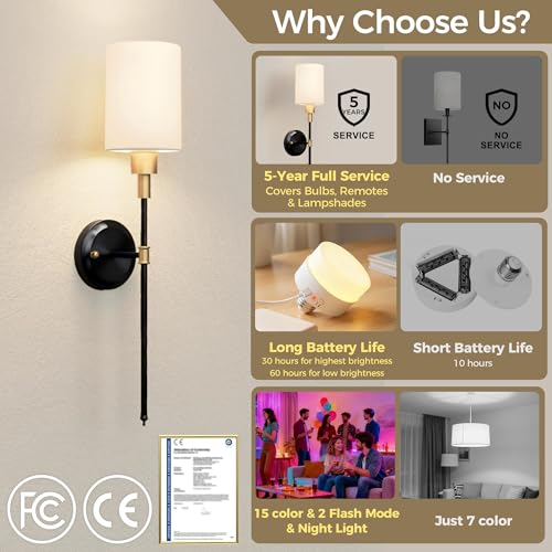 Battery Operated Wall Sconce: Set of 2 Wireless Wall Lights with 12000mAh | 15 Color Rechargeable Wall Sconces, Not Harwired Sconce Wall Decor Set of 2 for Bedroom, Living Room, Gold and Black 24.3in - color: Gold and Black