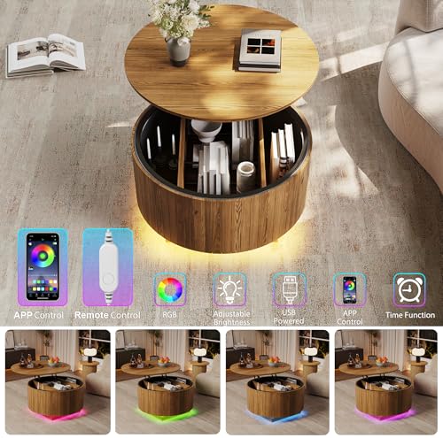 kepptory Round Lift Top Coffee Table with LED Lights, Mid Century Modern Wooden Coffee Tables with 3 Storage Space, Circle Center Table for Living Rooms,Dining Room,Bedroom Home Office,APP LED Lights - color: Walnut2
