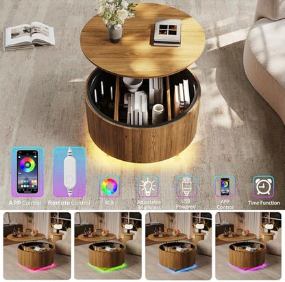 kepptory Round Lift Top Coffee Table with LED Lights, Mid Century Modern Wooden Coffee Tables with 3 Storage Space, Circle Center Table for Living Rooms,Dining Room,Bedroom Home Office,APP LED Lights - color: Walnut2