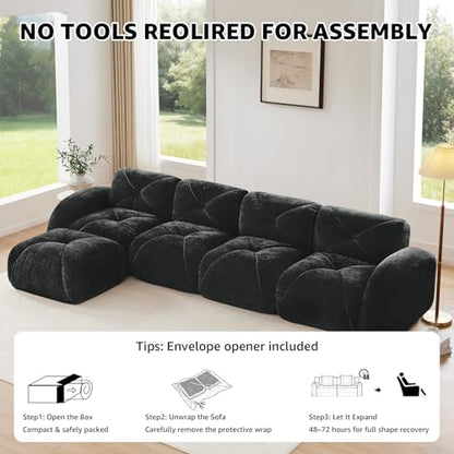 Black Loveseat Sectional Couches for Living Room, Velvet Fabric Boneless Couch, No Assembly Cloud Modular Sectional Sofa Love Seat with 2 Ottoman, Foam Couch Compressed Sofa Set, Sofas para Sala - color: Black, size: 2 Seater + 2 Ottoman
