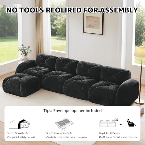 Black Loveseat Sectional Couches for Living Room, Velvet Fabric Boneless Couch in a Box, No Assembly Required Cloud Modular Sectional Sofa Love Seat, Foam Couch Compressed Sofa Set, Sofas para Sala - color: Black, size: 2 Seater