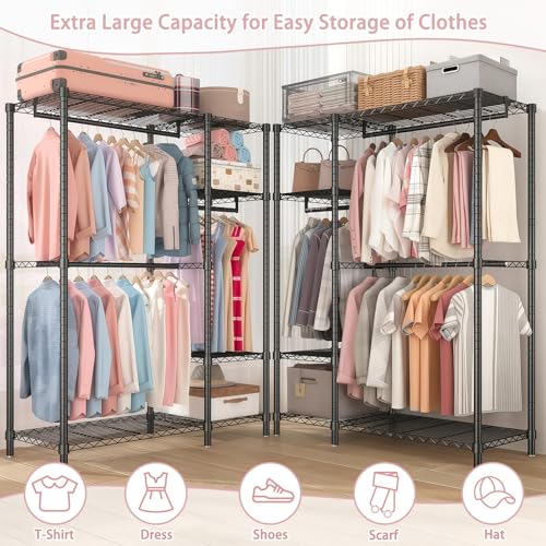 Heavy Duty Garment Rack with Shelves, Black | Heavy Duty Clothes Rack with 3 Hanging Rods & 6 Shelves, Freestanding Adjustable Garment Rack for Bedroom - size: 44.88''W×17.13D''×76.38''H