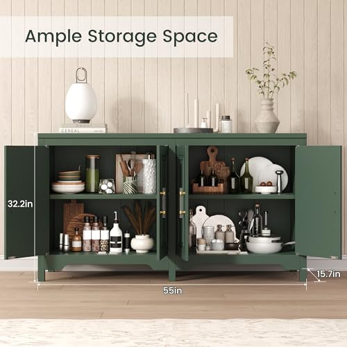 Jocoevol Buffet Cabinet with Storage, 55" Modern Farmhouse Sideboard Cabinet with Doors & Shelves, Kitchen Storage Cabinet for Kitchen Living Room,Green