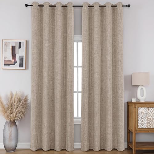 CUCRAF 100% Blackout Window Curtains 84 inches Long 2 Panels Set, Faux Linen Look Thermal Insulated Grommet Drapes, Room Darkening Curtain for Bedroom Living Room(W52 x L84 Inch, Light Khaki) - color: Light Khaki, size: 52"W x 84"L (Pack of 2)
