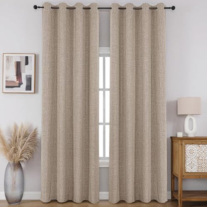 CUCRAF 100% Blackout Curtains 96 inches Long 2 Panels Set, Faux Linen Room Darkening Long Drapes With Grommet, Thermal Insulated Black Out Curtains for Bedroom Living Room(W52 x L96 Inch, Light Khaki) - color: Light Khaki, size: 52"W x 96"L (Pack of 2)