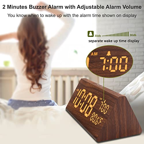 DreamSky Wooden Digital Alarm Clock for Bedroom with USB Port | 7.7" Electric Clocks with Large Numbers, Temperature, 0-100% Brightness Dimmer, Adjustable Alarm Volume, Snooze, 12/24H - color: Amber