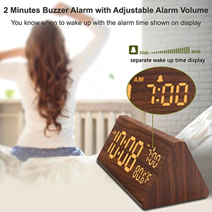 DreamSky Wooden Digital Alarm Clock for Bedroom with USB Port | 7.7" Electric Clocks with Large Numbers, Temperature, 0-100% Brightness Dimmer, Adjustable Alarm Volume, Snooze, 12/24H - color: Amber