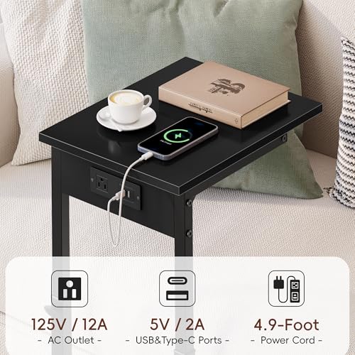 C Shaped End Table with Charging Station, 33"Tall C-Table End Table Adjustable Height Side Table for Couch, Couch Table That Slide Under Sofa Table TV Tray Table for Living Room,Bedroom,Black - color: Black, style: Charging Station
