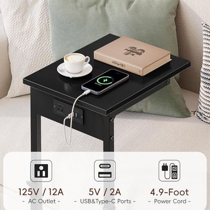 C Shaped End Table with Charging Station, 33"Tall C-Table End Table Adjustable Height Side Table for Couch, Couch Table That Slide Under Sofa Table TV Tray Table for Living Room,Bedroom,Black - color: Black, style: Charging Station