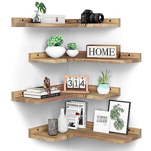 4 Tier Floating Corner Shelves Set of 4, Rustic Pine Wood Floating Corner Wall Shelf for Wall Décor Storage, L Shaped Corner Shelf Wall Mount for Bedroom,Living Room,Bathroom,Kitchen,Carbonized Black. - color: Light Carbonized Black Corner Shelves