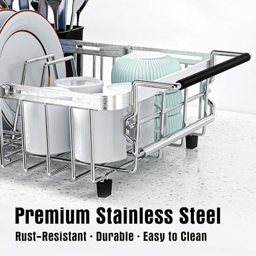 Expandable Dish Drying Rack in Sink,Stainless Steel Over The Sink Dish Drainer Drying Rack for Kitchen Counter,with Utensil Holder,Silver
