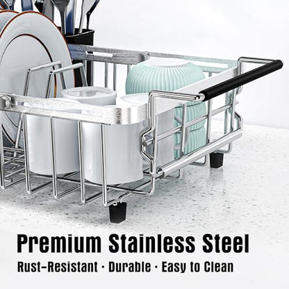 Expandable Dish Drying Rack in Sink,Stainless Steel Over The Sink Dish Drainer Drying Rack for Kitchen Counter,with Utensil Holder,Silver