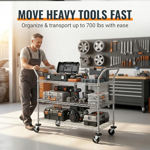 Finnhomy 3-Tier Commercial Grade Rolling Cart, Heavy Duty Utility Carts with Wheels and Handles, Kitchen Trolly on Wheels, Metal Serving Shelves with 700 lbs Capacity, Shelf Size 24" D x 48" W, NSF - size: 23.6"D x 55.1"W x 43.8"H
