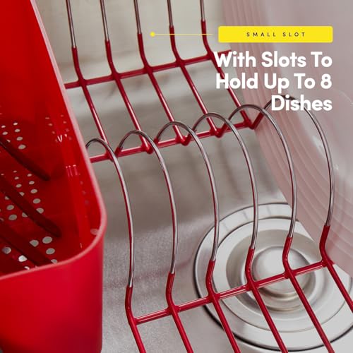 Sweet Home Collection Metal 2 Piece Dish Drying Rack Set Drainer with Utensil Holder Simple Easy to Use Fits in Most Sinks, 14.5" x 13" x 5.25", Red - color: Red