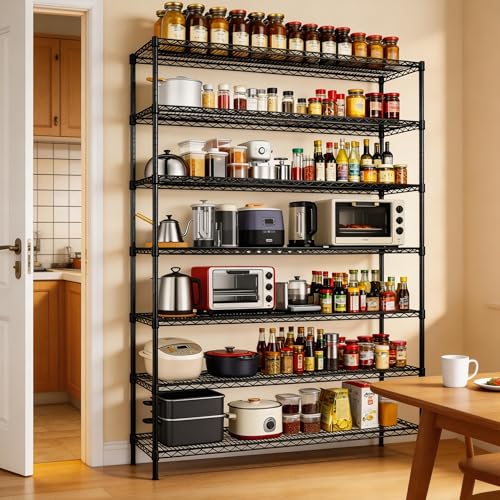 Finnhomy 4200LBS 7-Tier Wire Shelving Unit Adjustable Steel Wire Rack, 18x60x80.2 Inches 7 Shelves Metal Rack, Pantry Shelves for Storage, Metal Garage Shelving with 1" Poles, NSF Certified, Black - color: Black, size: 18x60x80.2