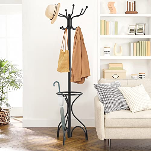 Tangkula Coat Rack Freestanding, 75 Inch Heavy Duty Metal Hanger Stand with Umbrella Holder, Entryway Hat Jacket Hanger with 12 Hooks for Scarf Crutch Bag, Standing Coat Tree Rack (Black)