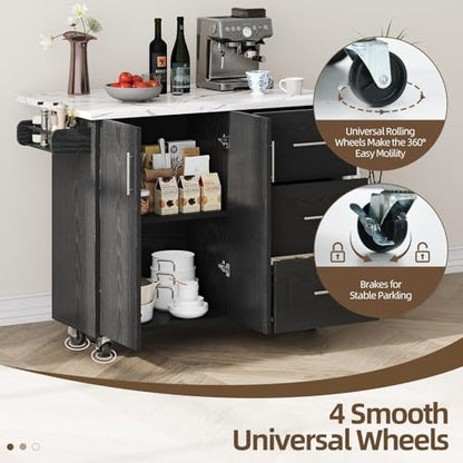 43" Kitchen Island on Wheels, Rolling Kitchen Island with Storage, Black | Modern Design, with Drop Leaf, 3 Storage Drawers, Spice Rack & Towel Rack, Faux Marble Tabletop, for Kitchen Dining Room - style: Black